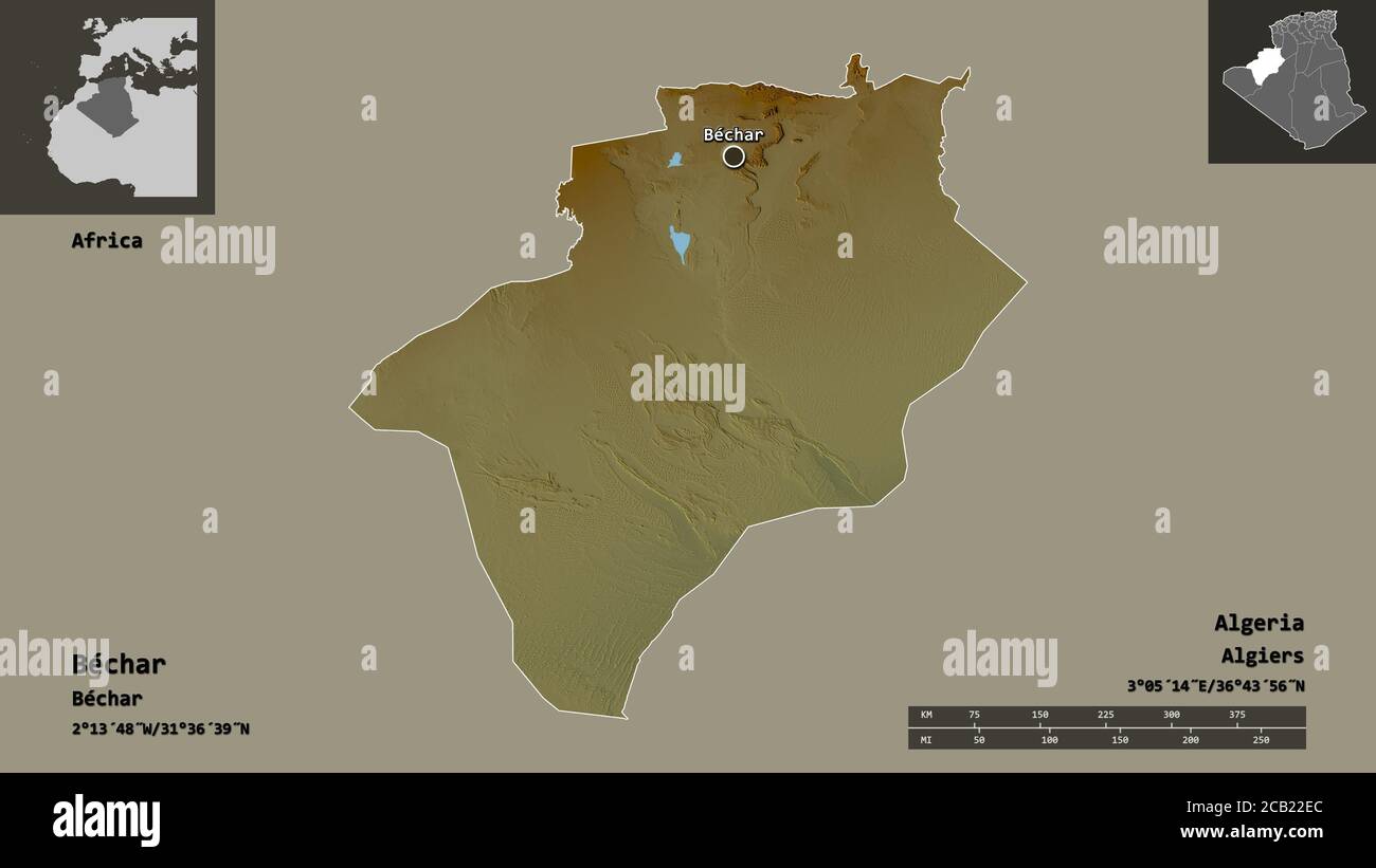 Shape of Béchar, province of Algeria, and its capital. Distance scale ...