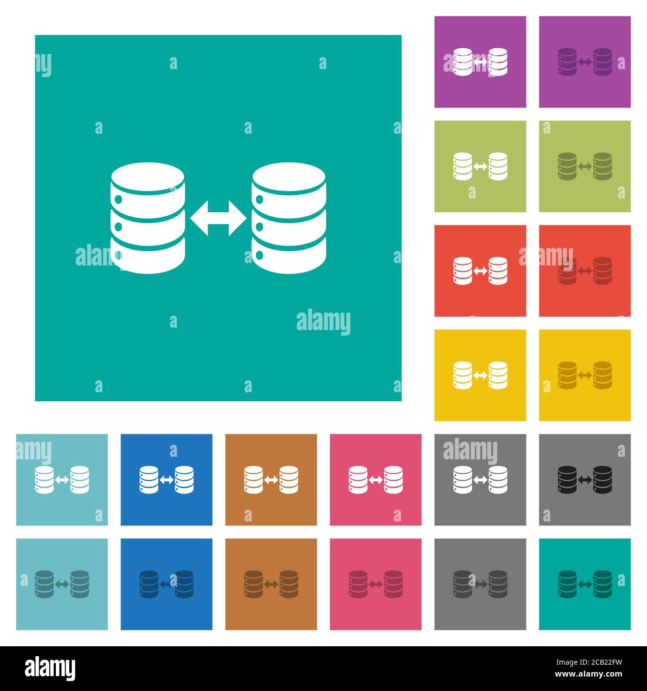 Syncronize databases multi colored flat icons on plain square backgrounds. Included white and darker icon variations for hover or active effects. Stock Vector
