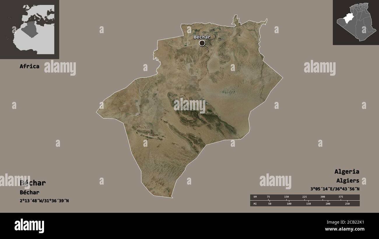 Shape of Béchar, province of Algeria, and its capital. Distance scale ...