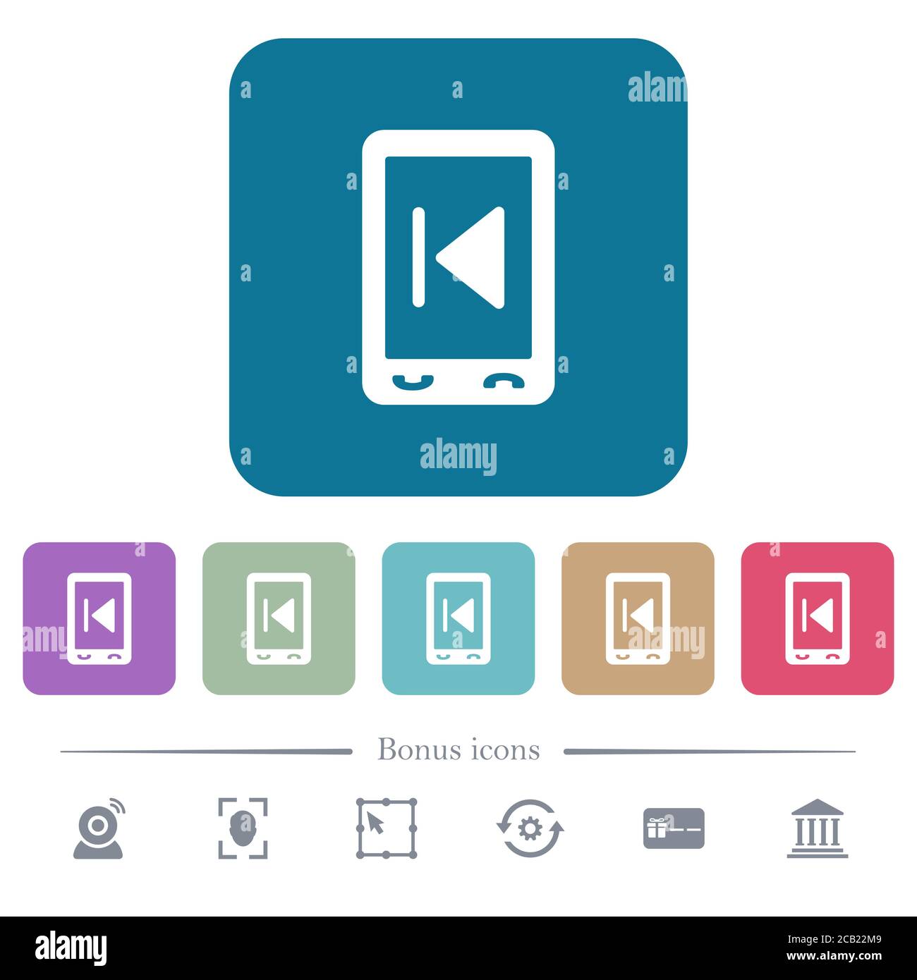 Mobile media previous white flat icons on color rounded square ...
