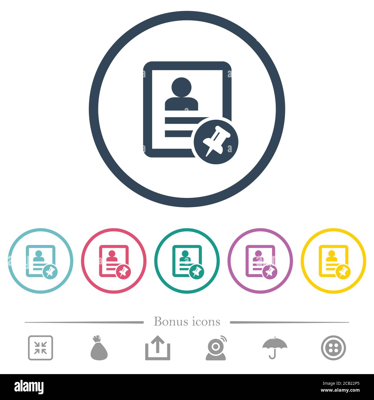 Contact pin flat color icons in round outlines. 6 bonus icons included ...