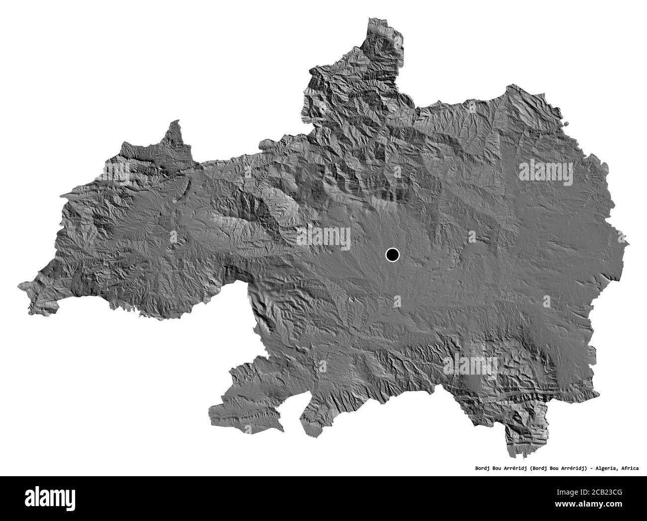 Shape of Bordj Bou Arréridj, province of Algeria, with its capital isolated on white background. Bilevel elevation map. 3D rendering Stock Photo