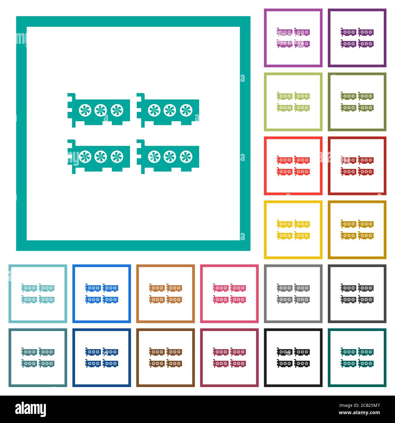 Cryptocoin mining farm flat color icons with quadrant frames on white ...