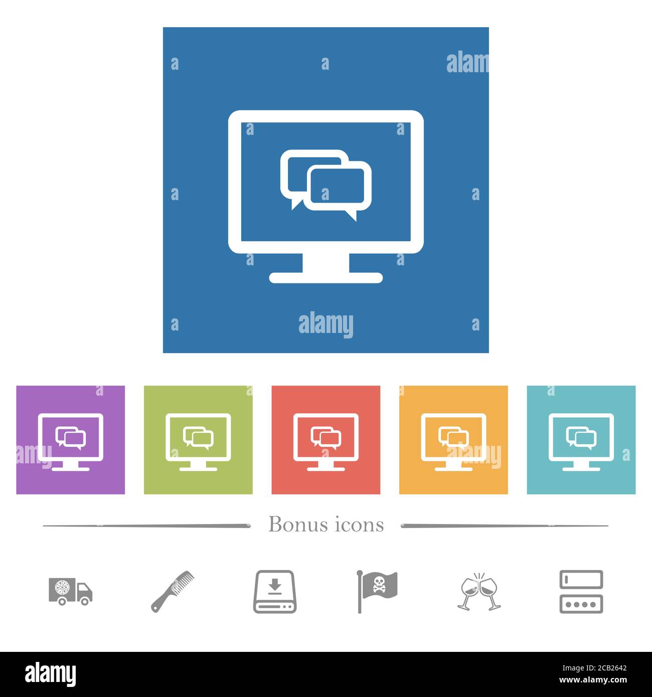 Chat application flat white icons in square backgrounds. 6 bonus icons ...