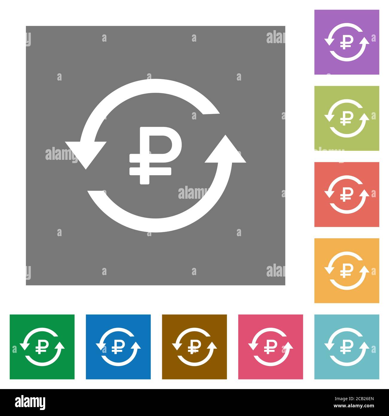 Ruble pay back flat icons on simple color square backgrounds Stock ...
