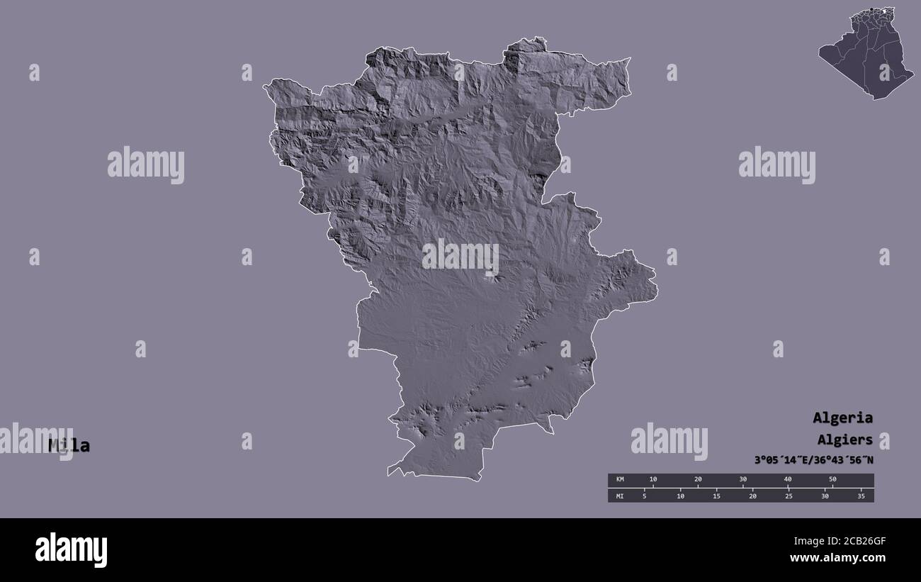 Shape of Mila, province of Algeria, with its capital isolated on solid background. Distance