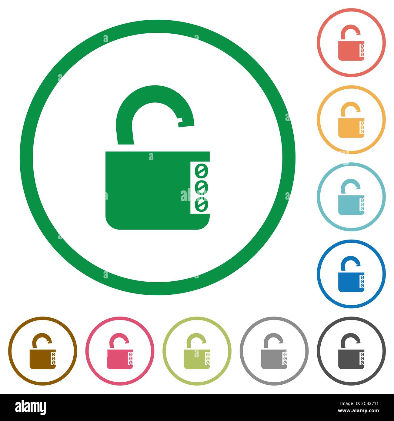 Unlocked combination lock with side numbers flat color icons in round ...