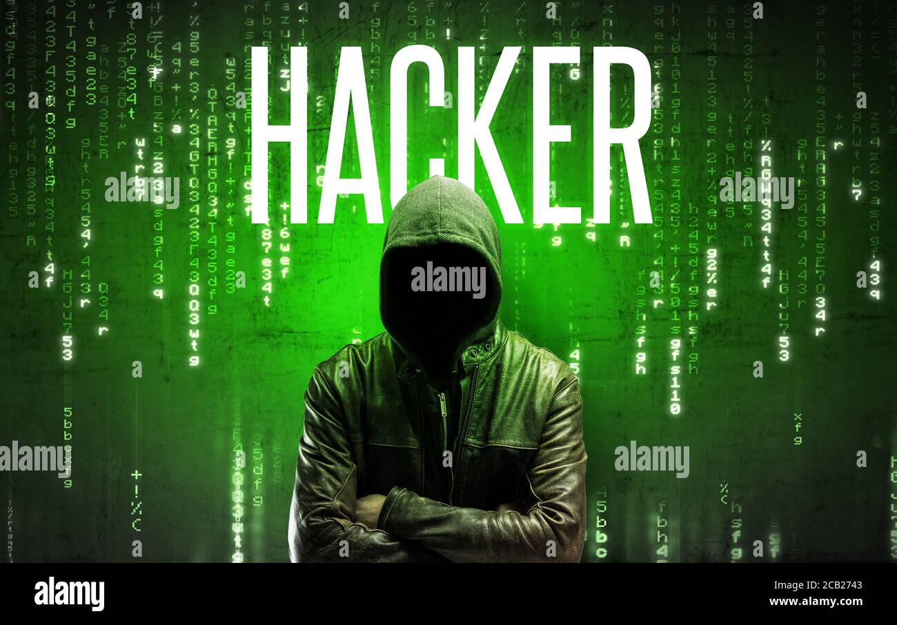 Faceless hacker with HACKER inscription, hacking concept Stock Photo