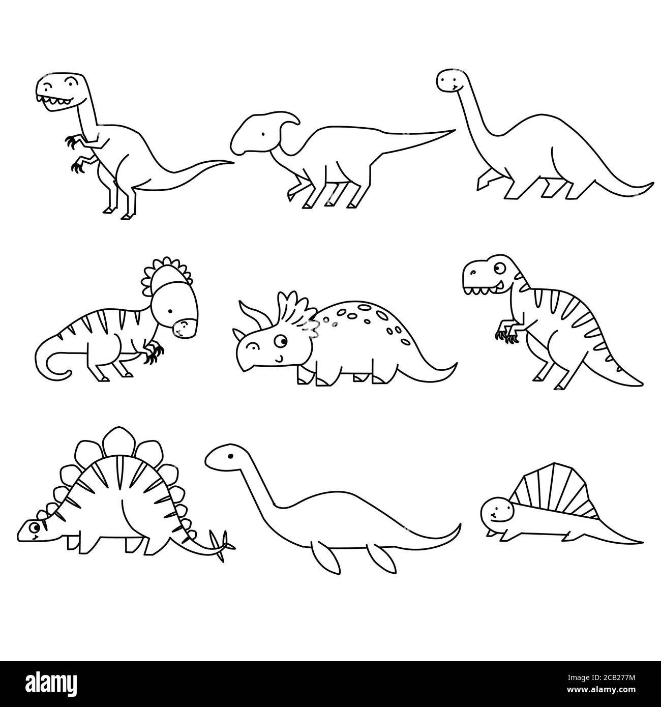 Set of cartoon dinosaurs. Cute dino. Black and white vector