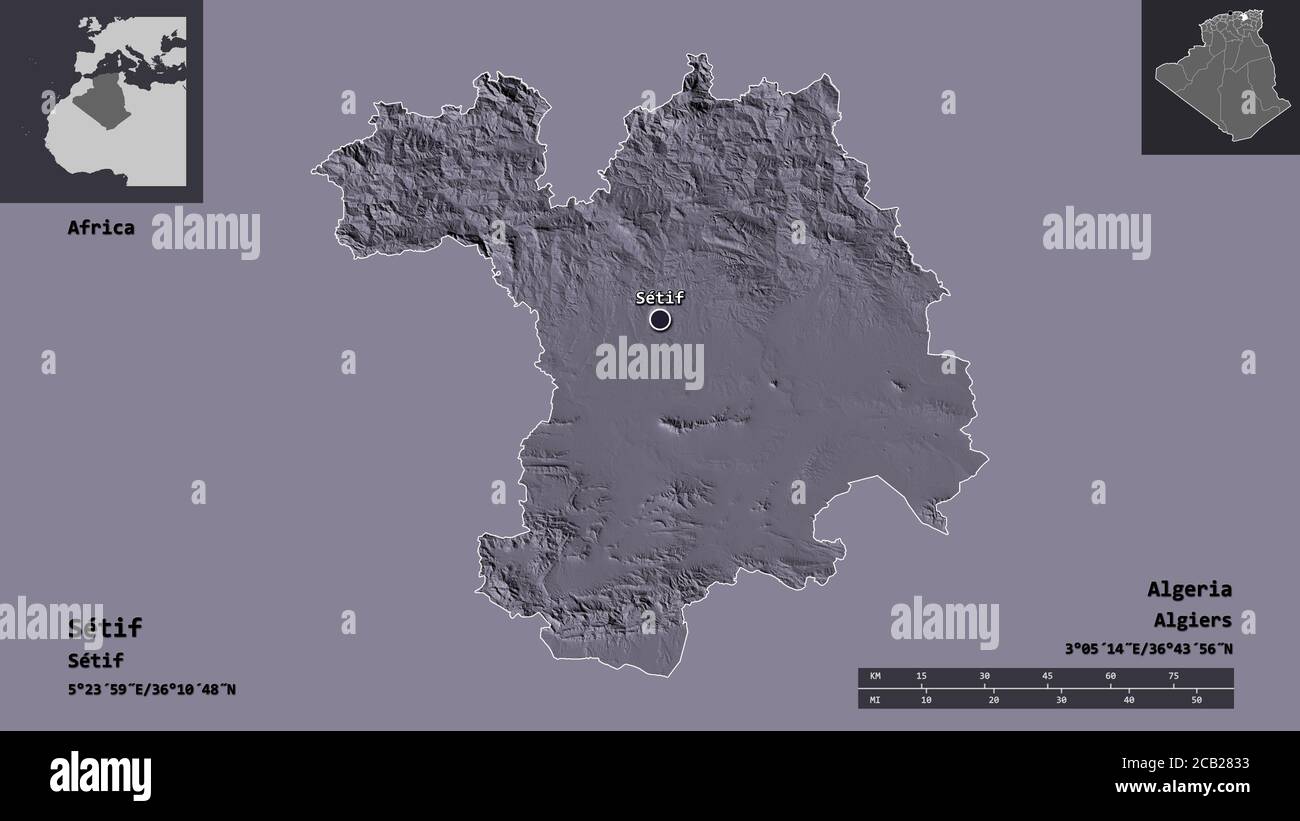 Shape of Sétif, province of Algeria, and its capital. Distance scale ...