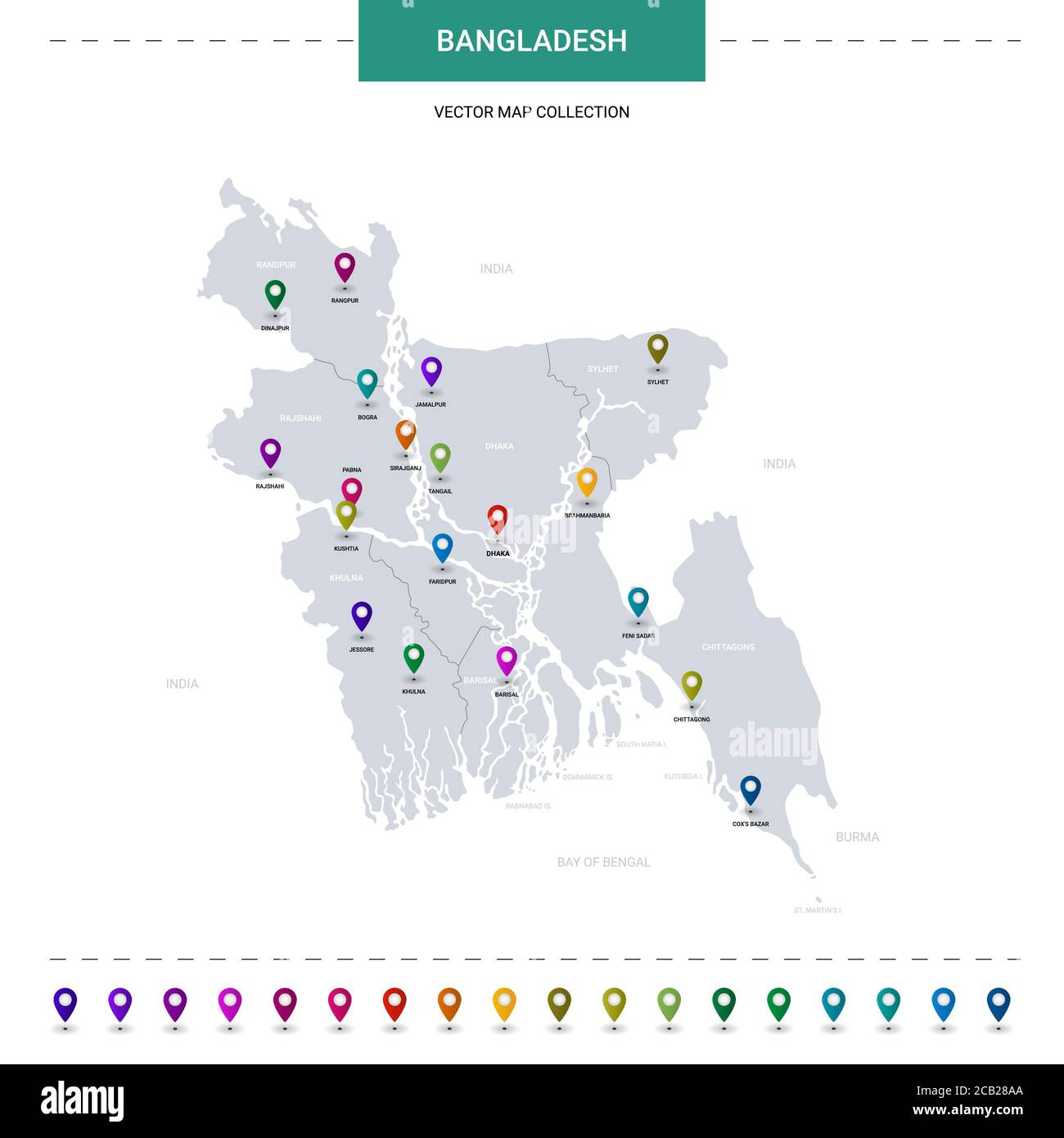 Bangladesh map with location pointer marks. Infographic vector template