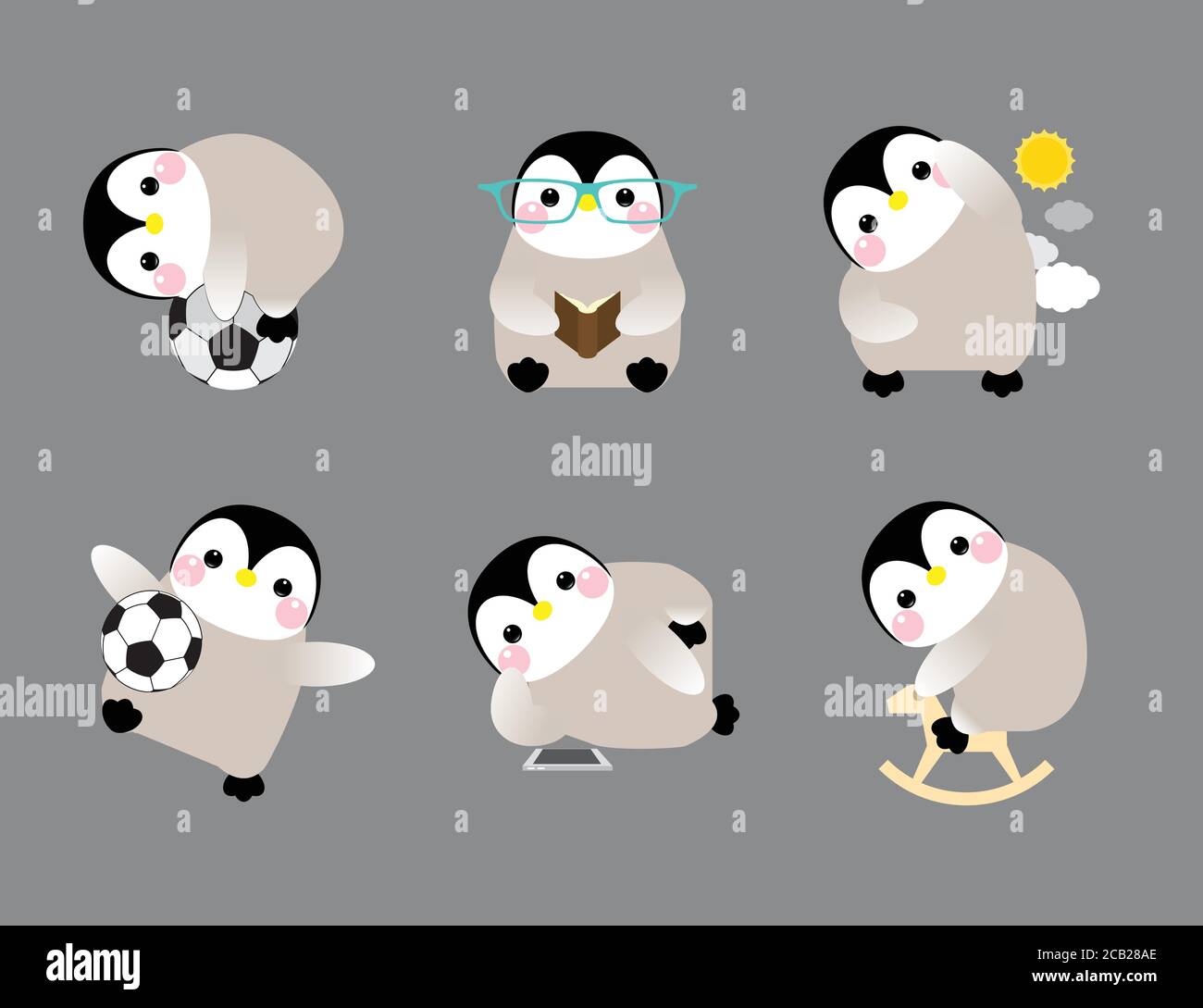 Cute Penguin set of illustrations, with penguins in different situations. Vector illustration Stock Vector