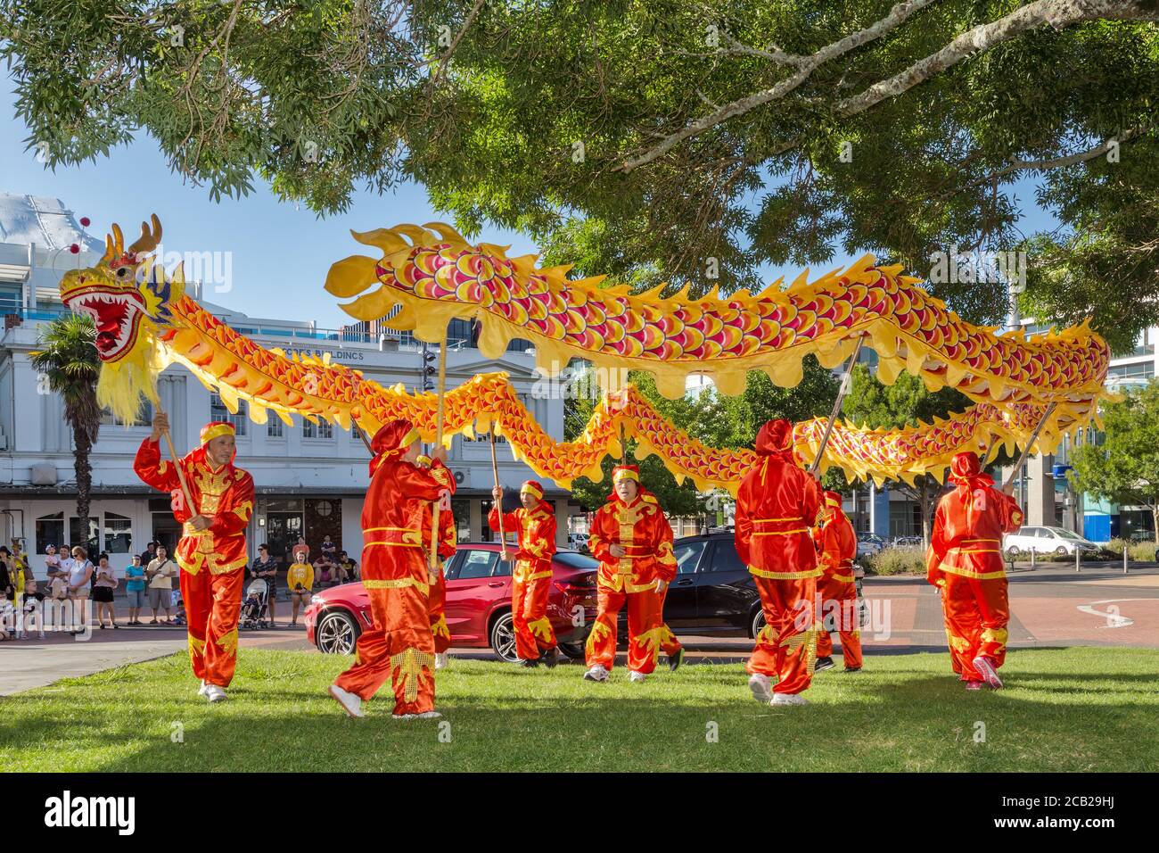 A group of colorfully dressed Chinese dragon dancers in a park during the Chinese New Year celebrations. Hamilton, New Zealand, 2/16/2019 Stock Photo