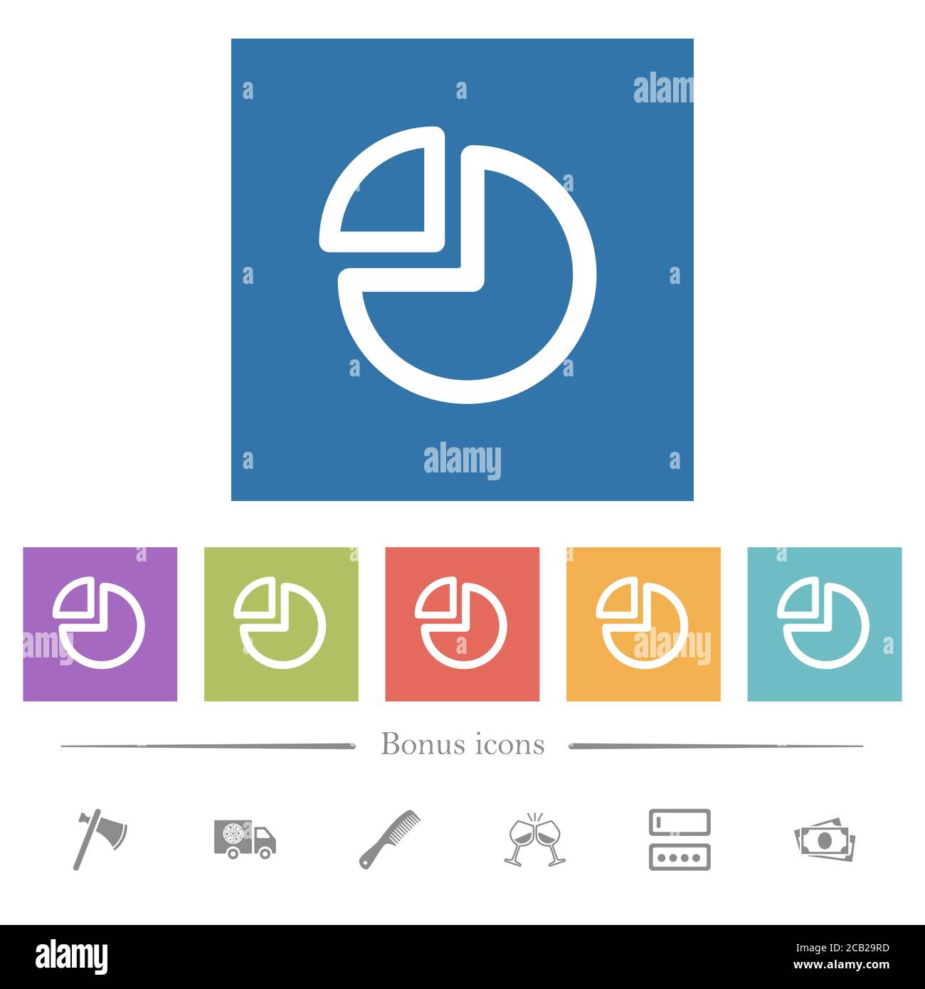 Pie chart flat white icons in square backgrounds. 6 bonus icons ...