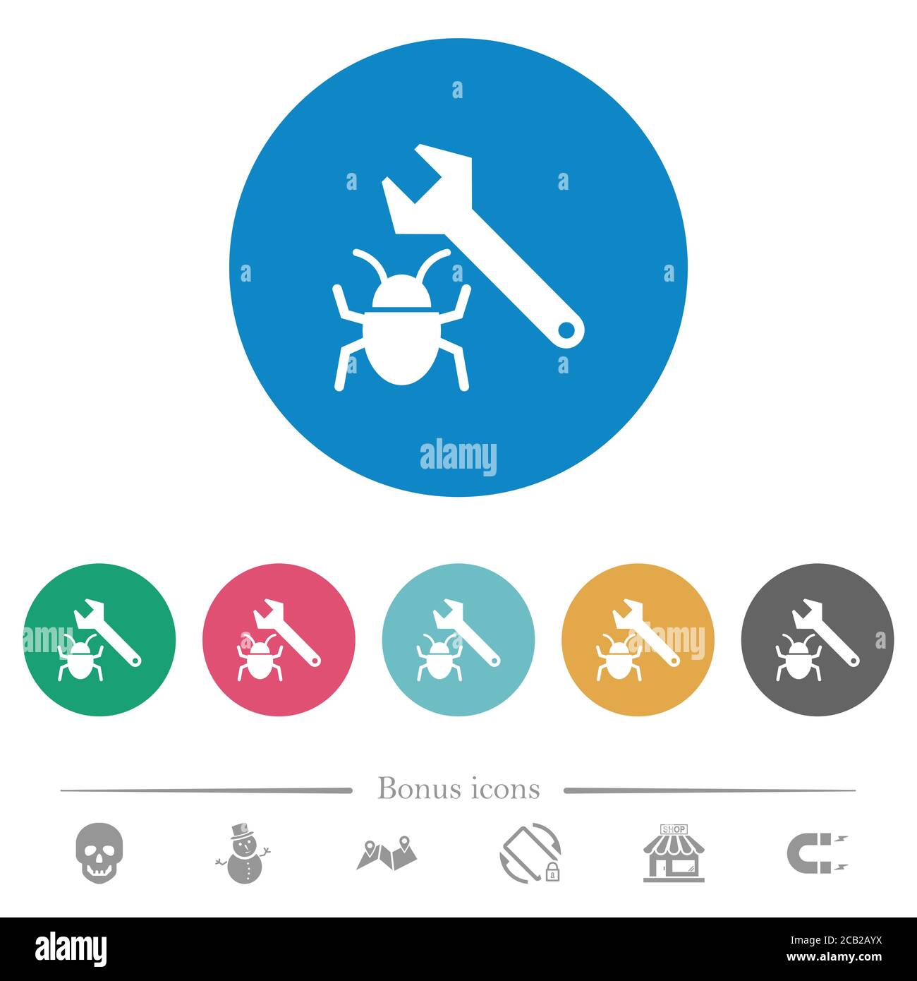 Bug fixing flat white icons on round color backgrounds. 6 bonus icons included. Stock Vector
