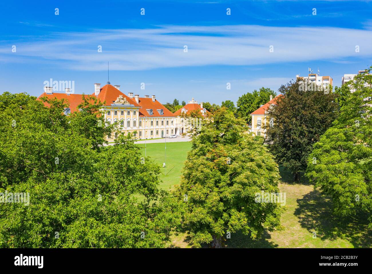 Croatia, aerial view of the old town of Vukovar, city museum in old castle in park, classic historic architecture and down town horizon Stock Photo