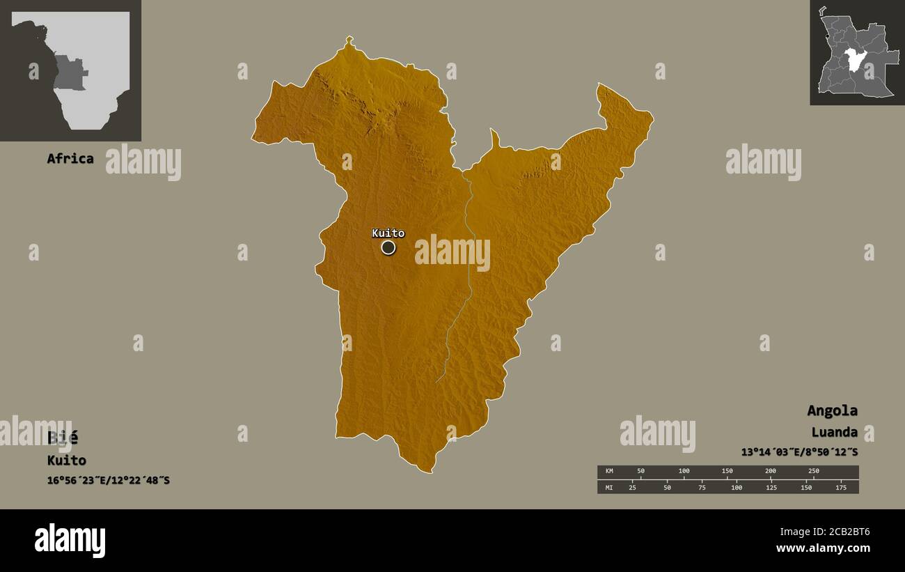 Shape of Bié, province of Angola, and its capital. Distance scale ...
