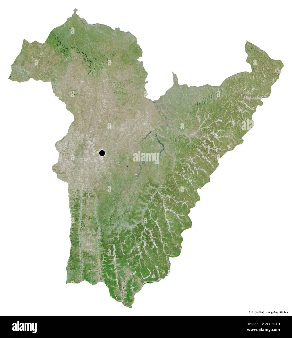 Shape of Bié, province of Angola, with its capital isolated on white ...
