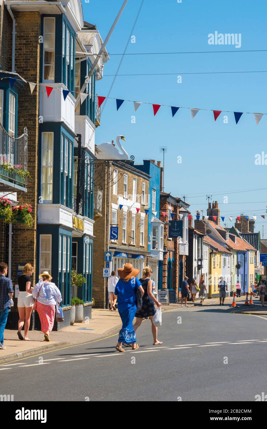 Southwold town, view in summer of people walking in the High Street in the centre of the coastal resort town of Southwold, Suffolk, East Anglia, UK Stock Photo