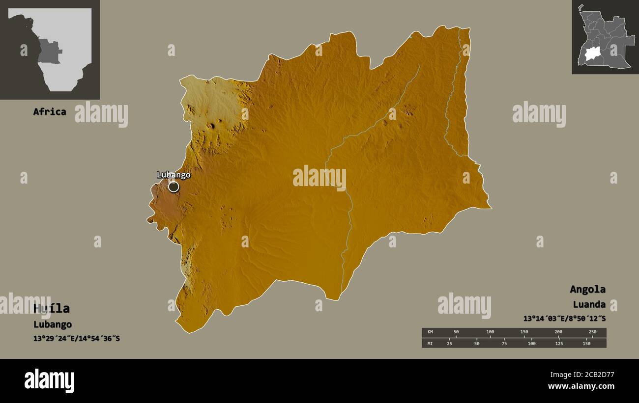 Map Angola Riva Shape of Huíla, province of Angola, and its capital. Distance scale ...