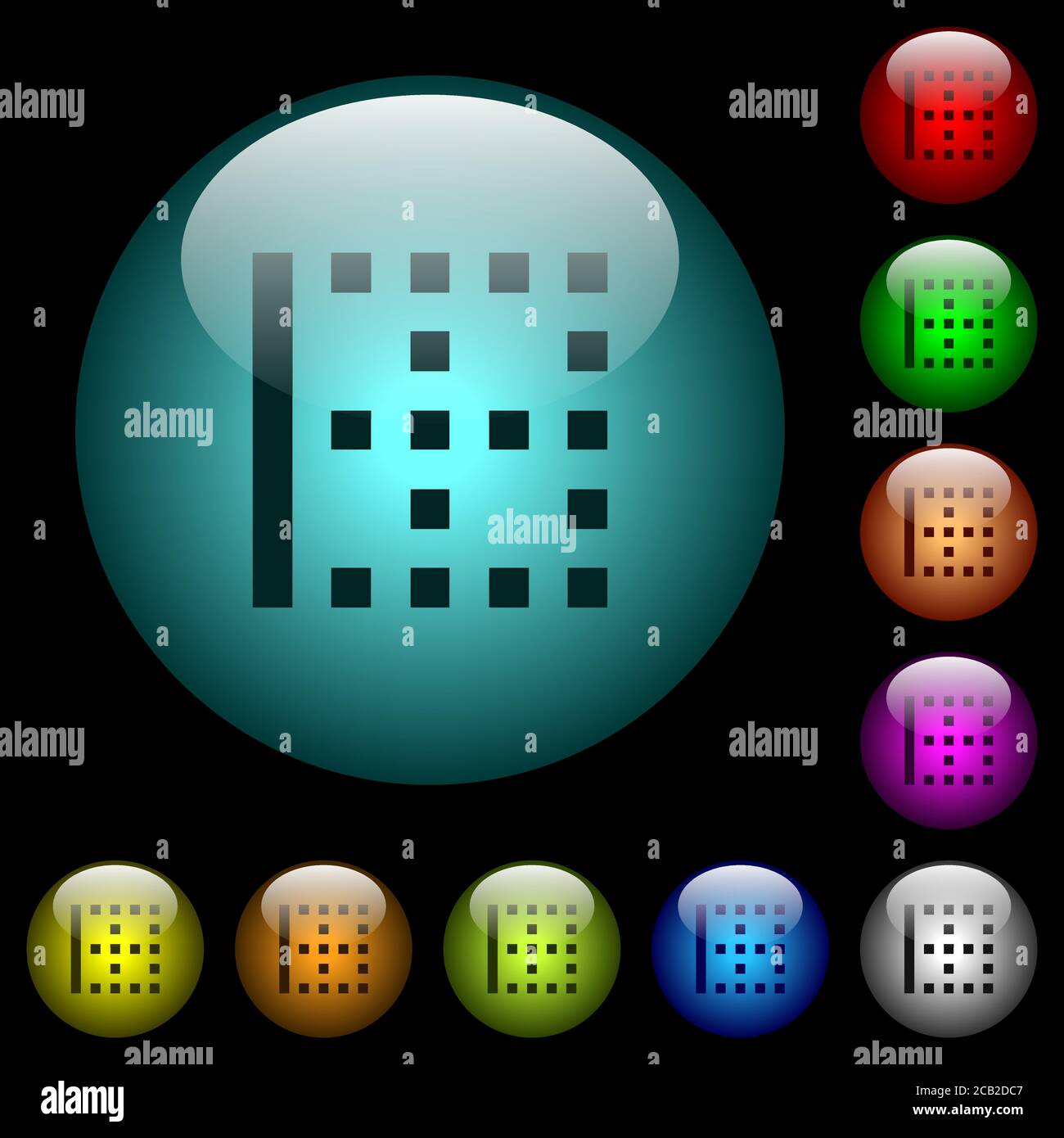Left border icons in color illuminated spherical glass buttons on black ...