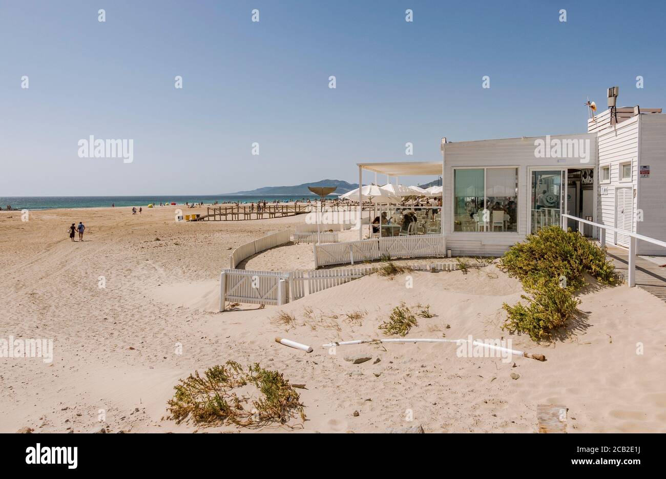 Tarifa El Chiringuito Lounge-Beach Restaurant . Most southern point of Europe, Costa de la Luz, Andalusia, Spain Stock Photo