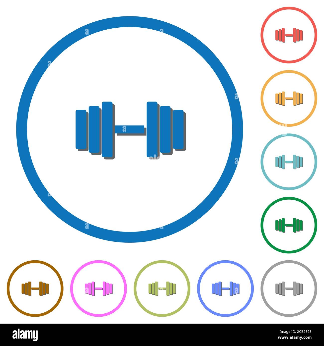 Gym flat color vector icons with shadows in round outlines on white ...