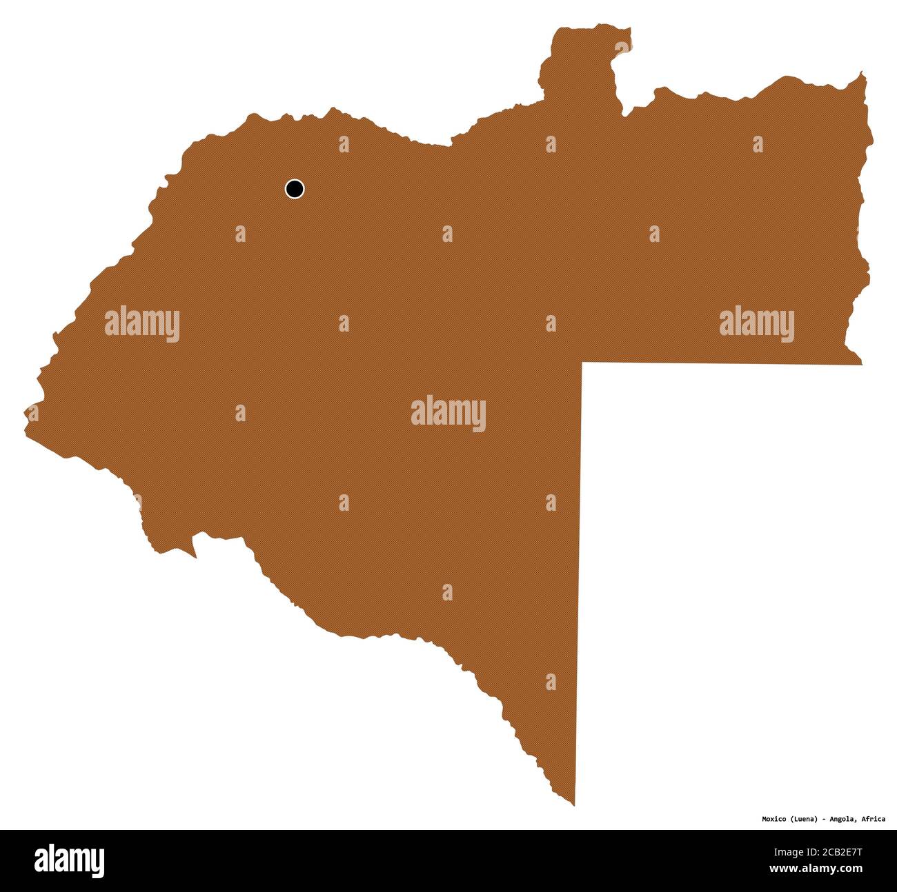 Shape of Moxico, province of Angola, with its capital isolated on white background. Composition of patterned textures. 3D rendering Stock Photo