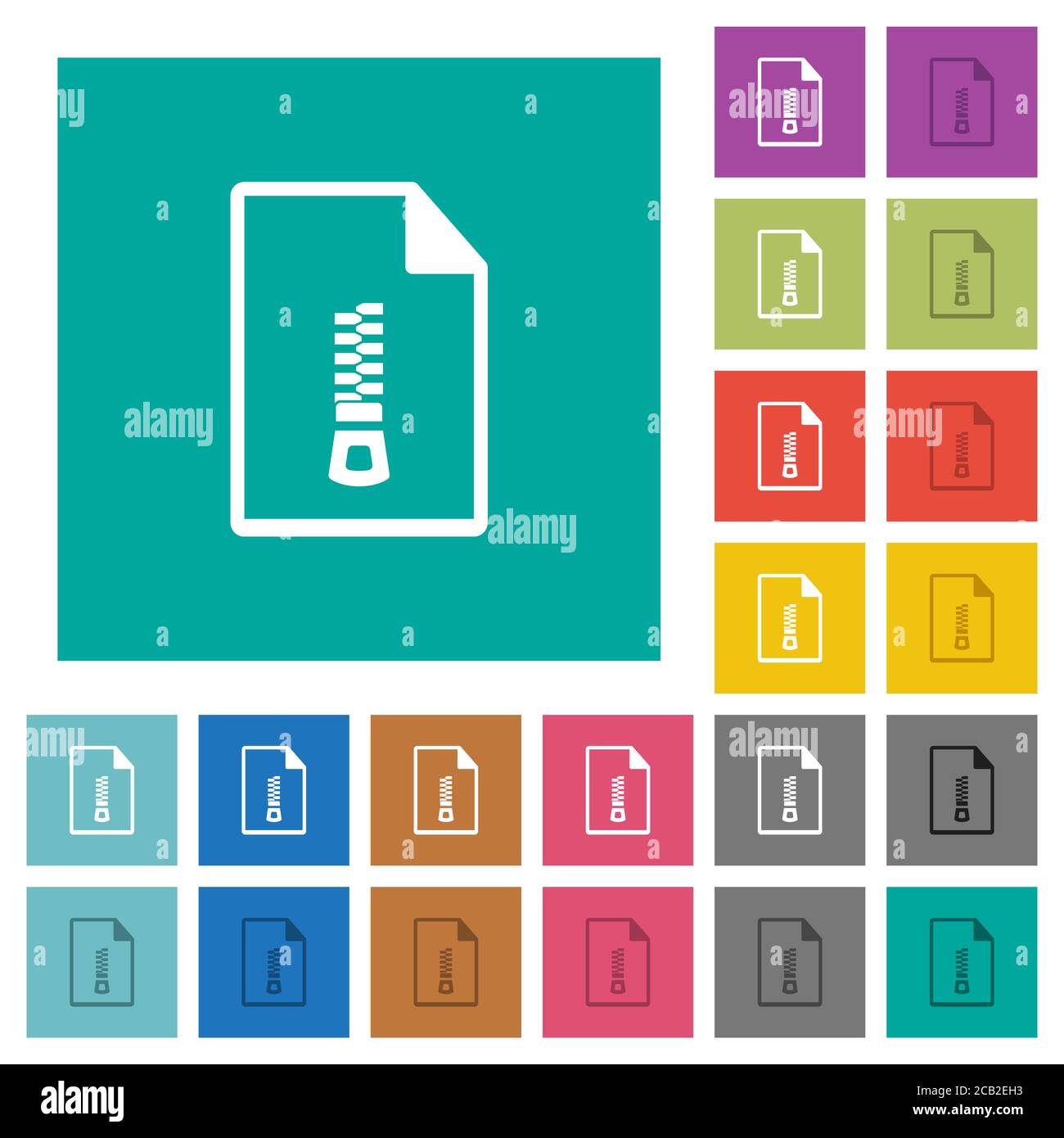 Compressed document multi colored flat icons on plain square backgrounds. Included white and darker icon variations for hover or active effects. Stock Vector