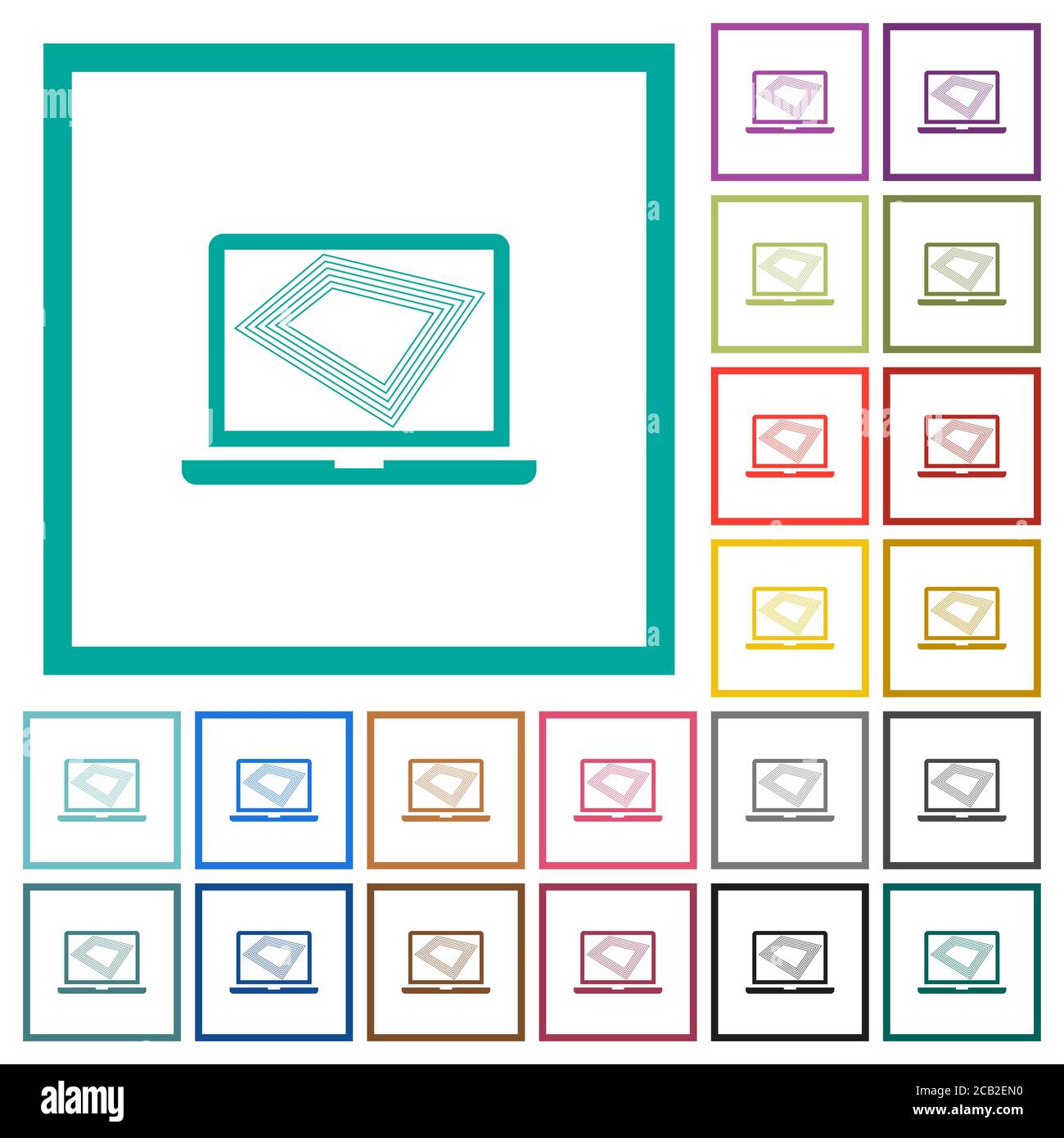 Screen saver on laptop flat color icons with quadrant frames on white ...