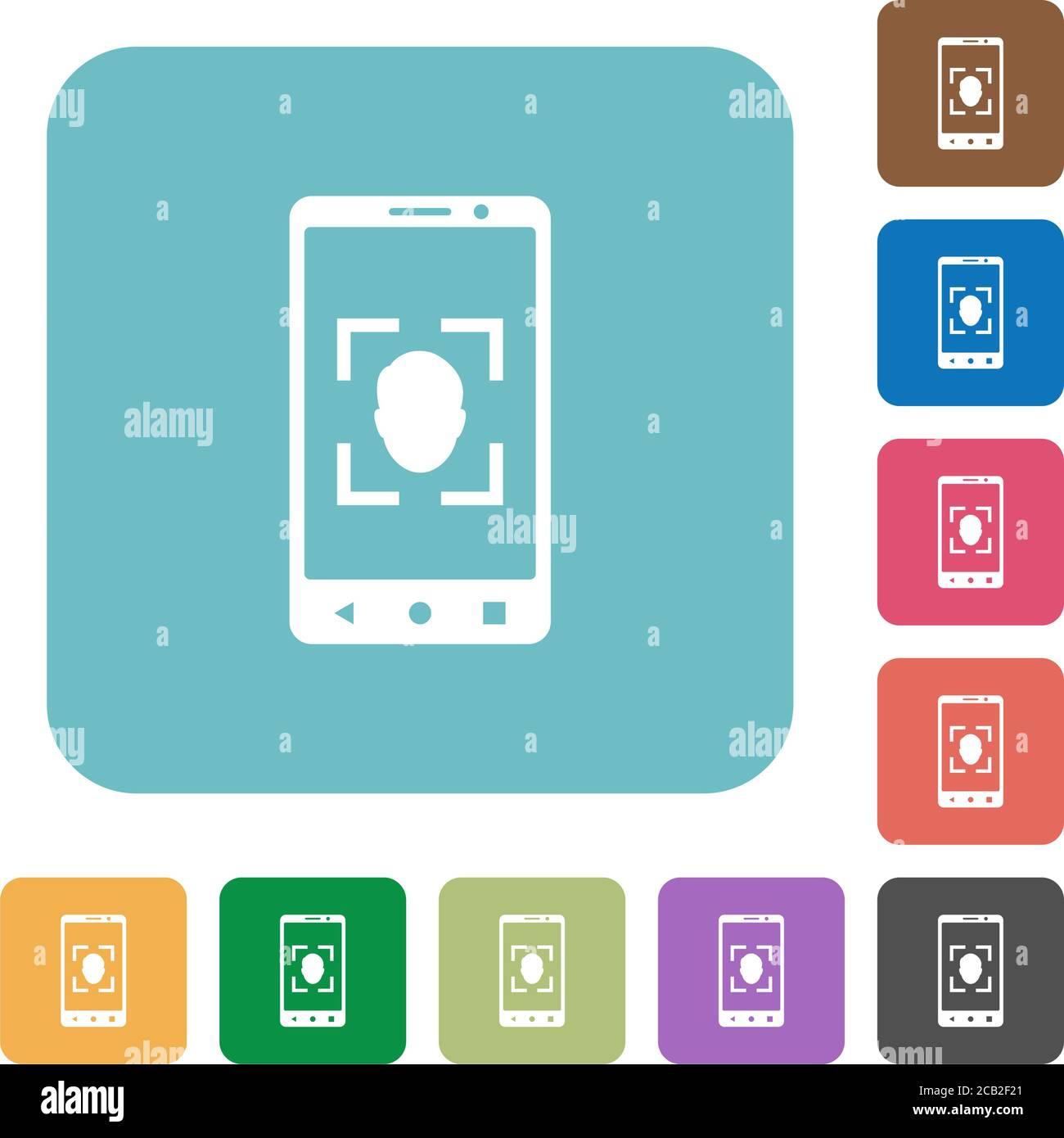 Mobile face detection white flat icons on color rounded square ...