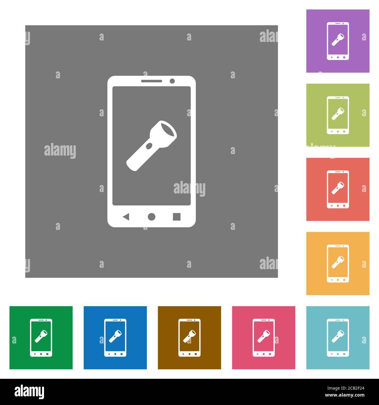 Mobile flashlight flat icons on simple color square backgrounds Stock Vector
