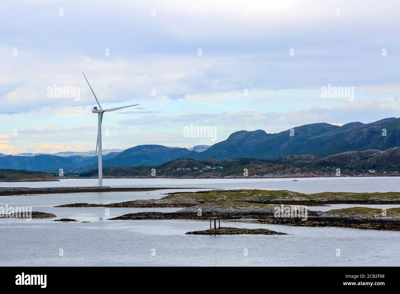 Windgenerators alond the Norwegian coastline in the Bjugn district, Norway Stock Photo