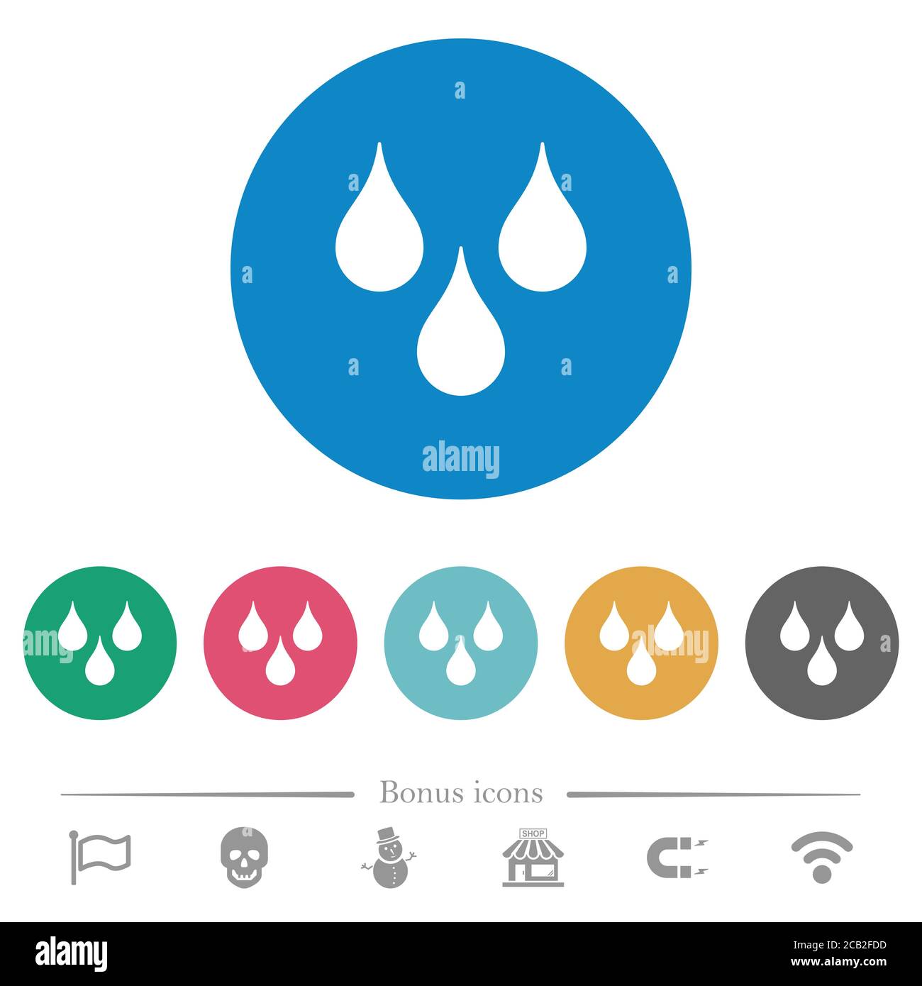 Water drops flat white icons on round color backgrounds. 6 bonus icons ...