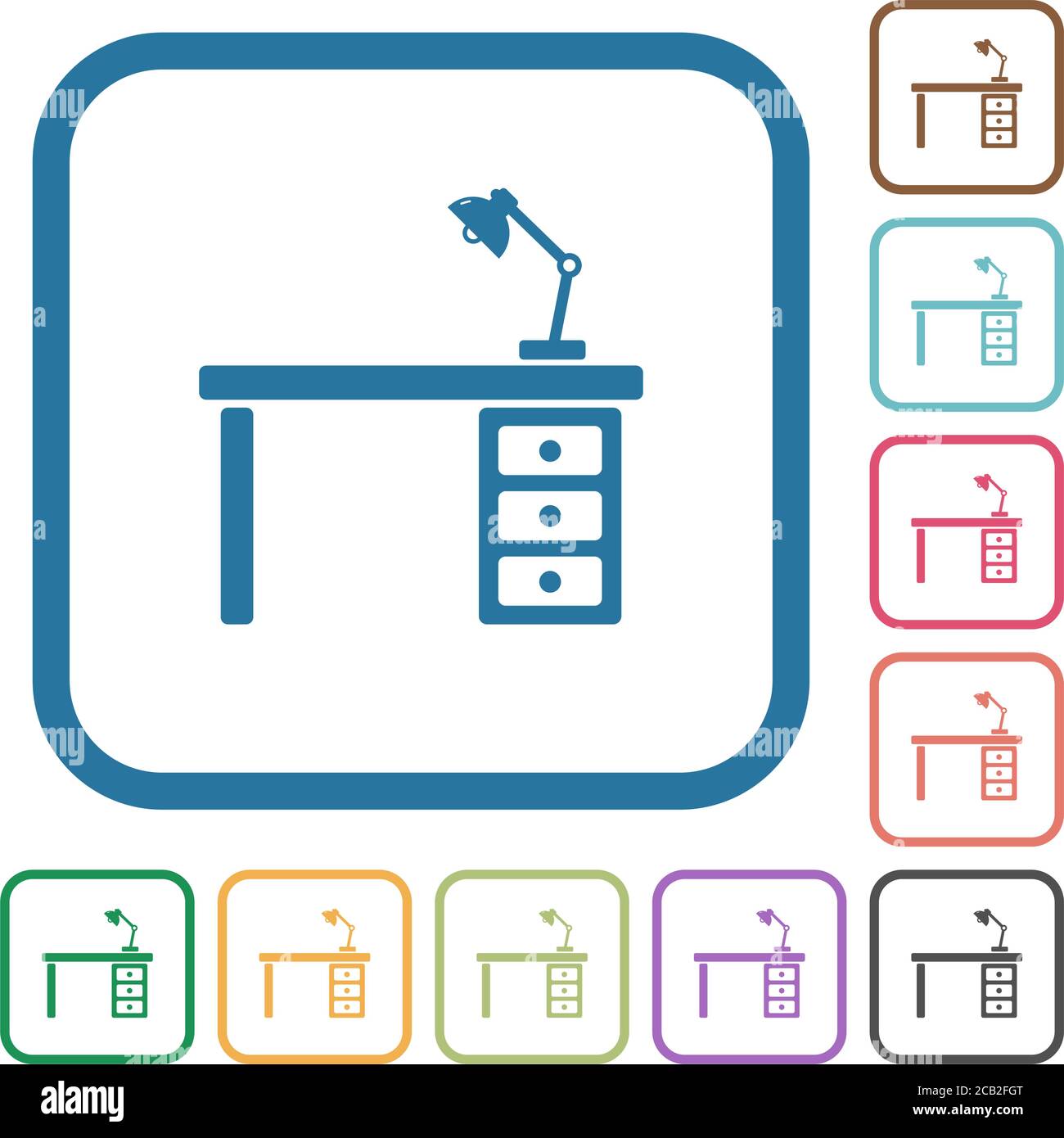 Desk with lamp simple icons in color rounded square frames on white ...