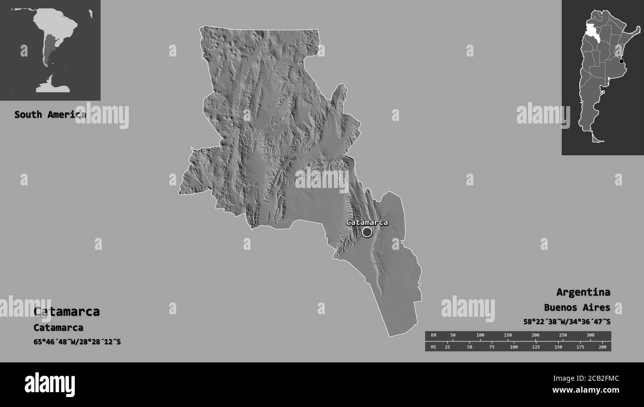 Shape of Catamarca, province of Argentina, and its capital. Distance scale, previews and labels. Bilevel elevation map. 3D rendering Stock Photo