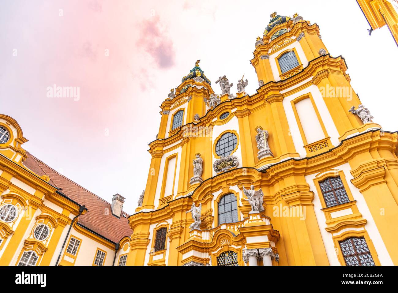 Melk Abbey Church. Main portal with two towers. Melk, Austria. Stock Photo