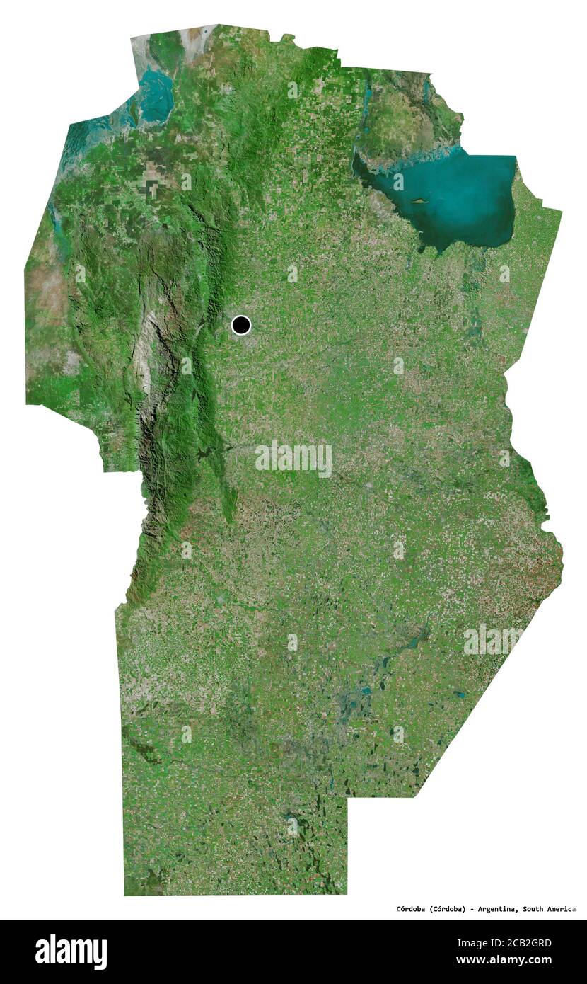 Shape of Córdoba, province of Argentina, with its capital isolated on white background. Satellite imagery. 3D rendering Stock Photo