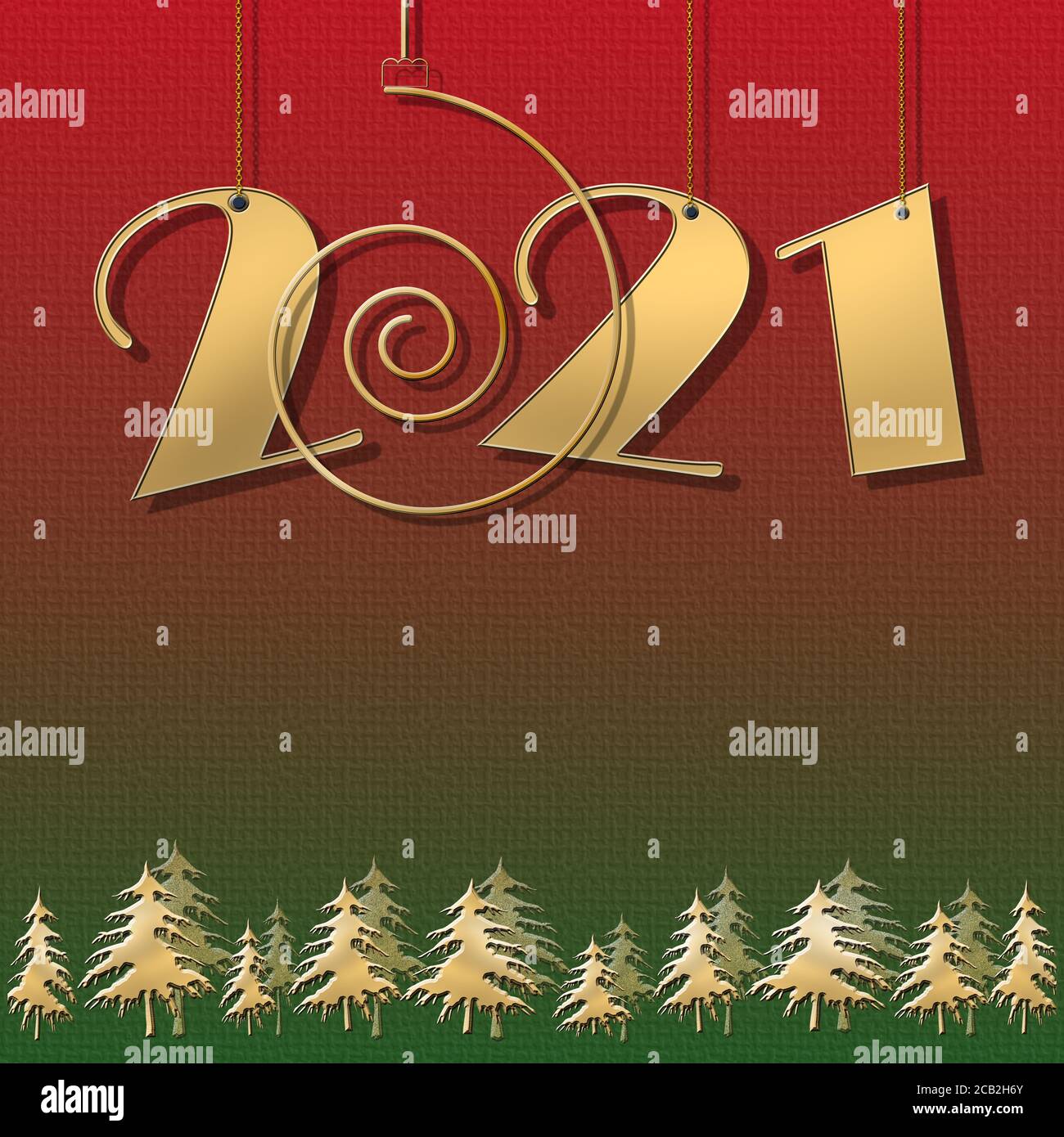 Luxury Happy New 2021 Year design with hanging 2021 digits, christmas trees on red green background. Winter holidays graphic, place for text, business card, calendar. Copy space. 3D illustration Stock Photo