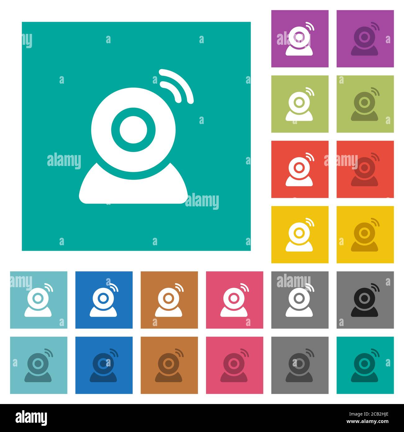 Wireless camera multi colored flat icons on plain square backgrounds. Included white and darker icon variations for hover or active effects. Stock Vector