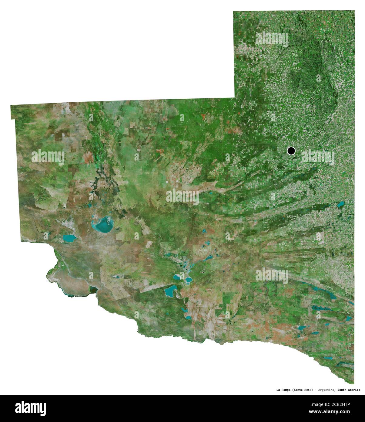 Shape of La Pampa, province of Argentina, with its capital isolated on white background. Satellite imagery. 3D rendering Stock Photo