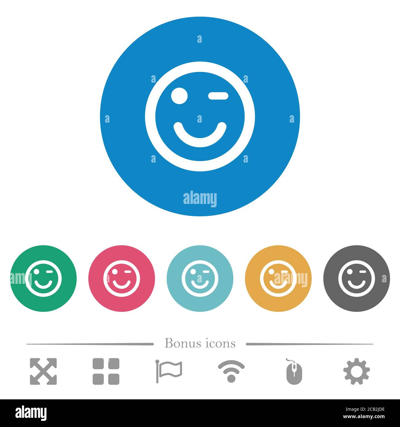 Winking emoticon flat white icons on round color backgrounds. 6 bonus ...
