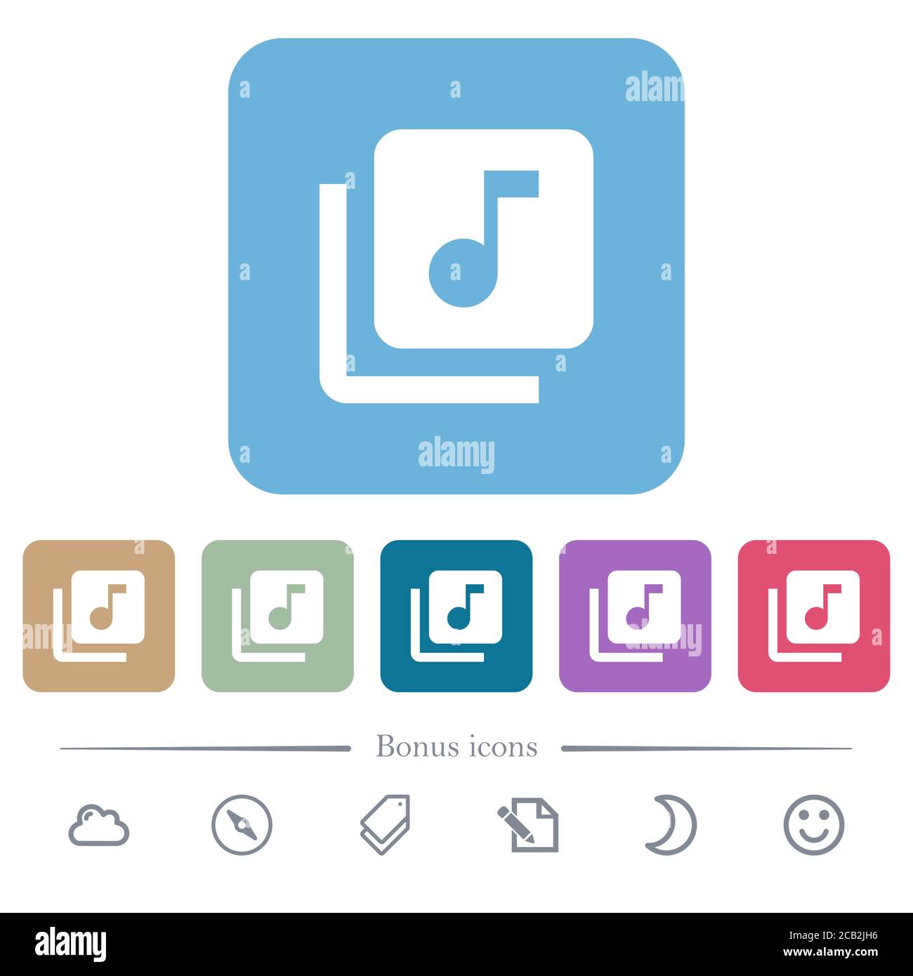 Music library white flat icons on color rounded square backgrounds. 6 ...