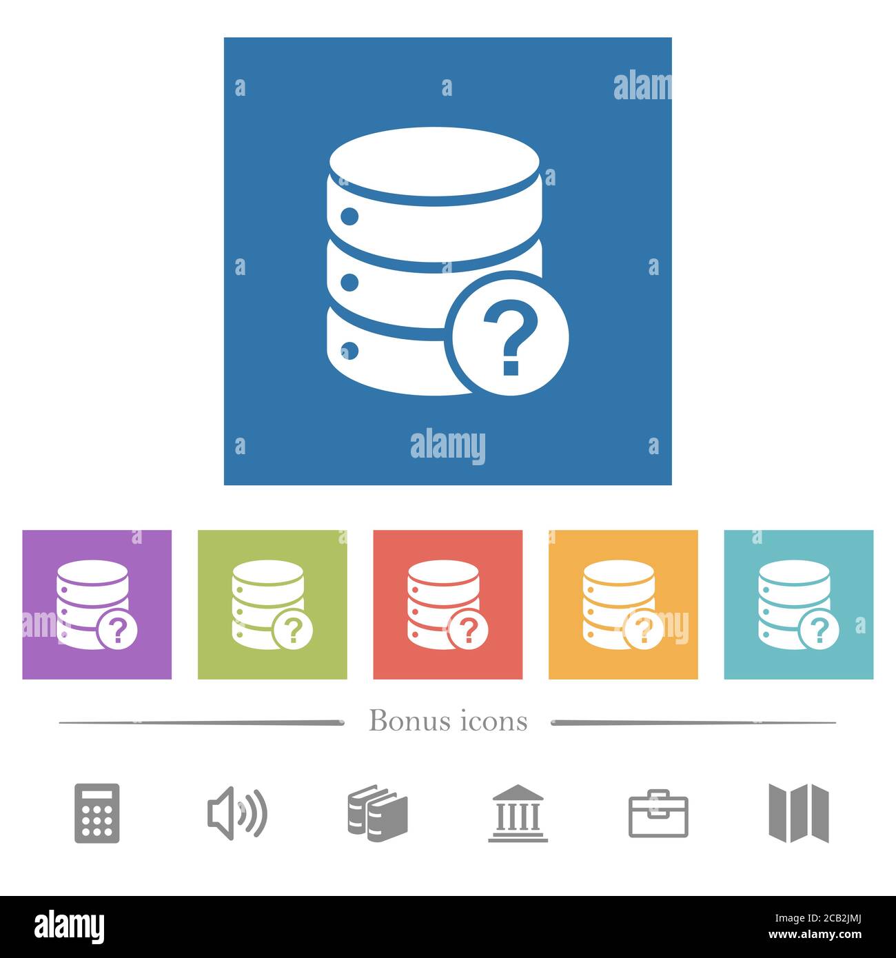 Database query flat white icons in square backgrounds. 6 bonus icons ...