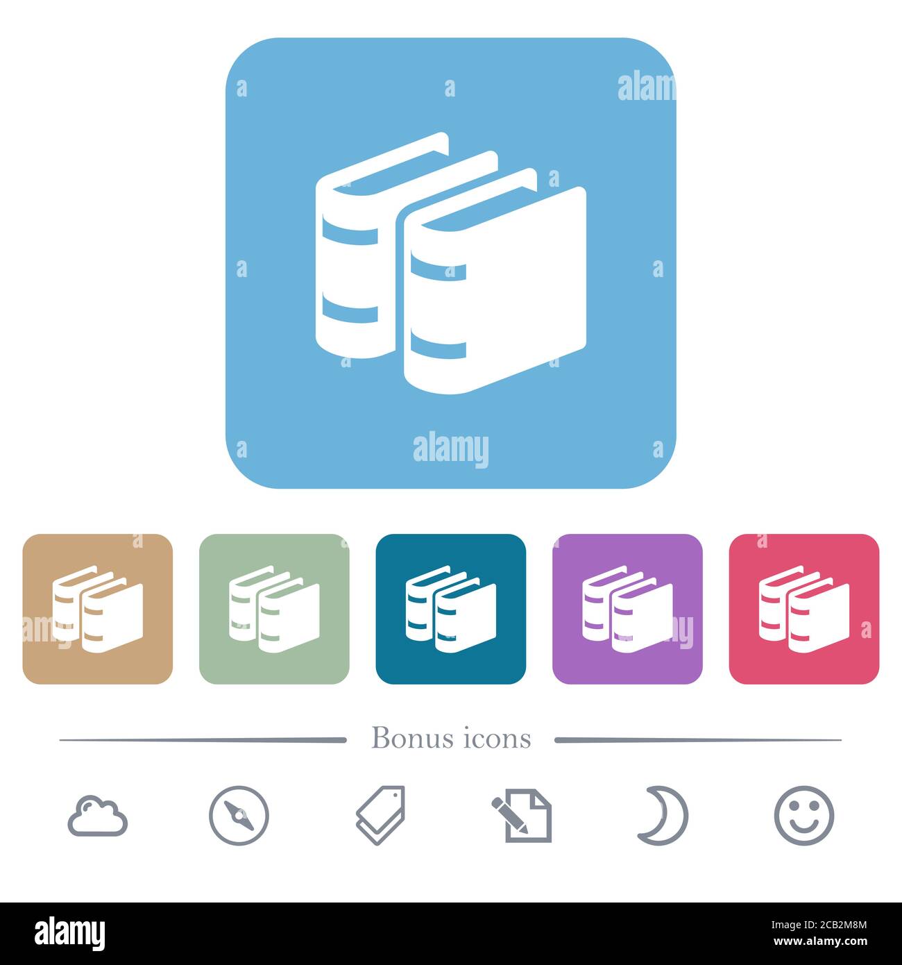 Two books white flat icons on color rounded square backgrounds. 6 bonus ...