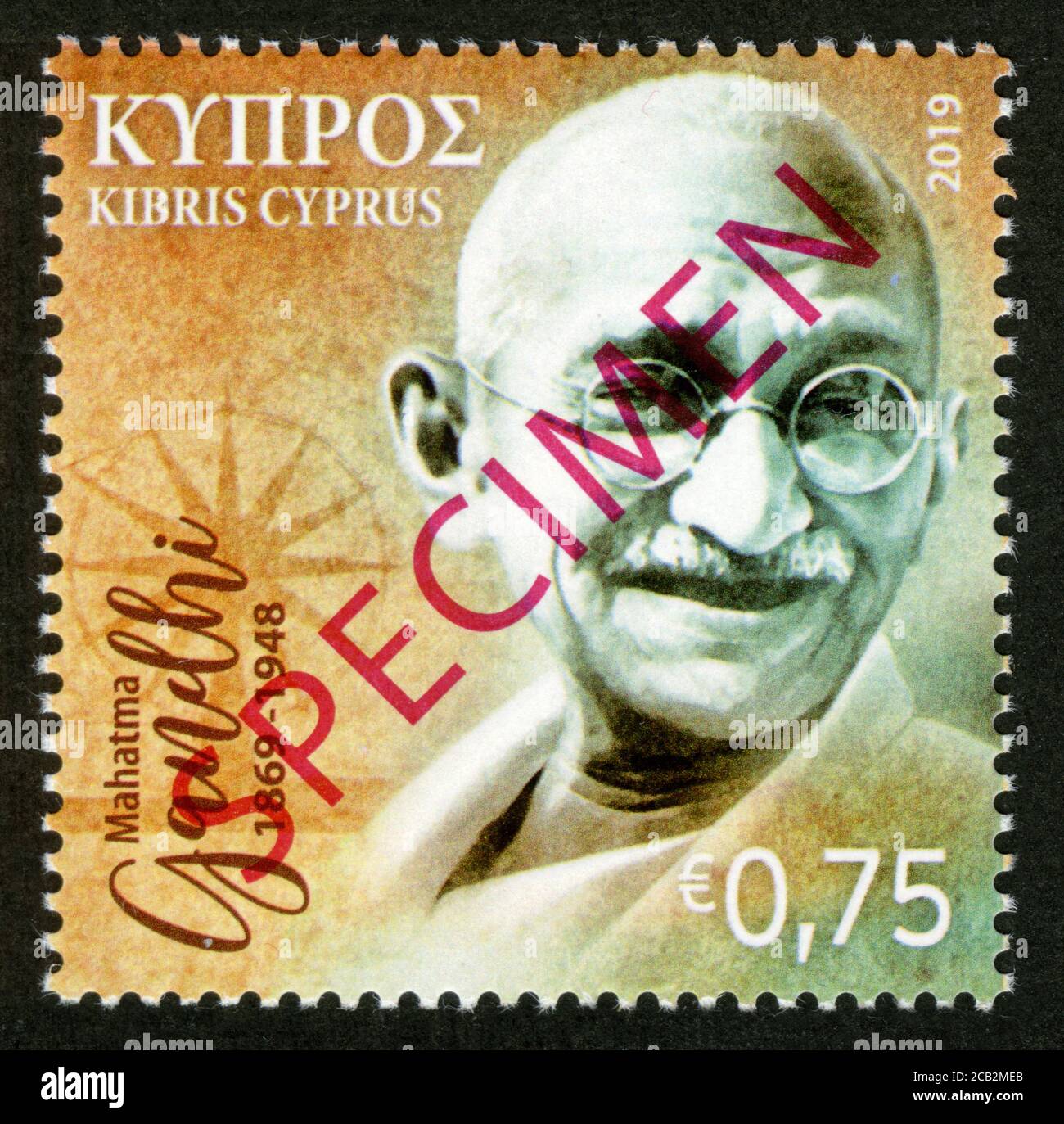 Stamp print in Cyprus,2019,Mohandas Karamchand 'Mahatma' Gandhi Stock Photo