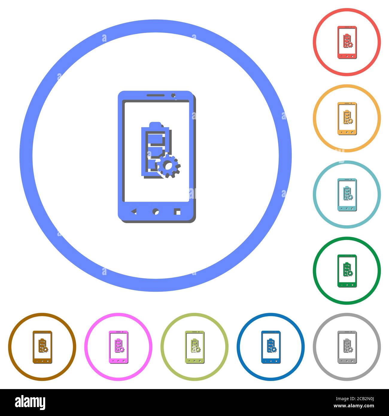Mobile battery settings flat color vector icons with shadows in round ...