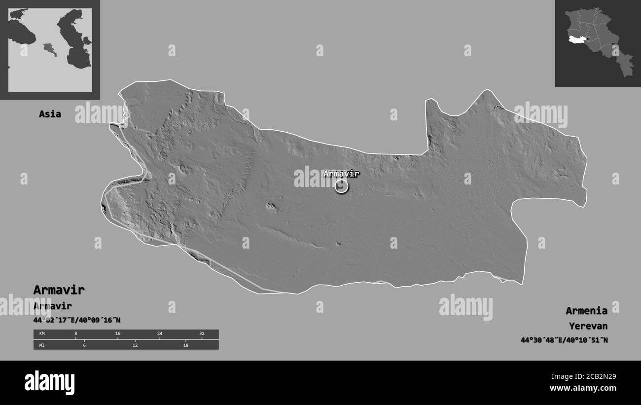 Shape of Armavir, province of Armenia, and its capital. Distance scale, previews and labels. Bilevel elevation map. 3D rendering Stock Photo