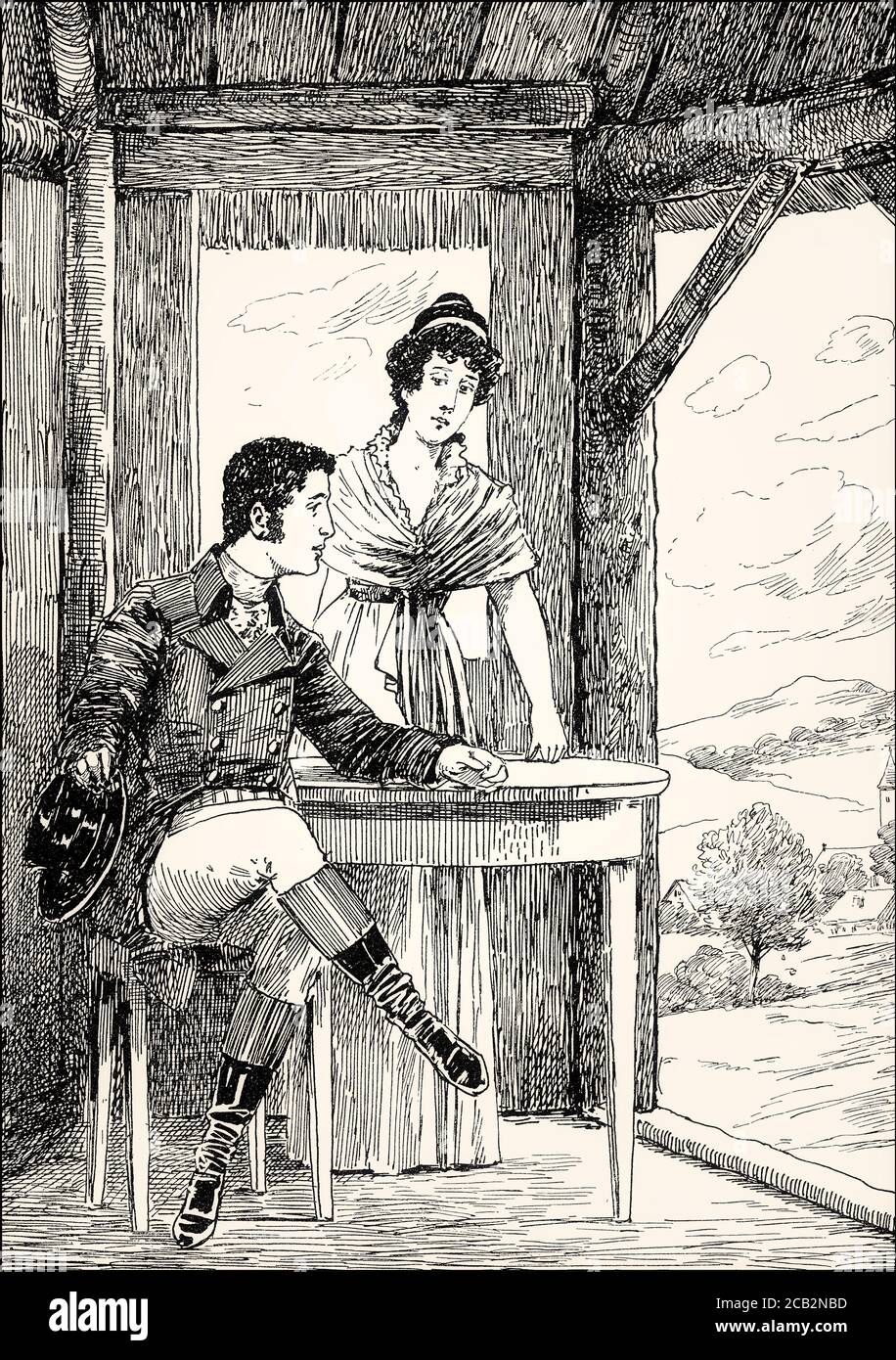 Eduard and Charlotte at their rural estate, Elective Affinities, Die Wahlverwandtschaften, a novel by Johann Wolfgang von Goethe Stock Photo