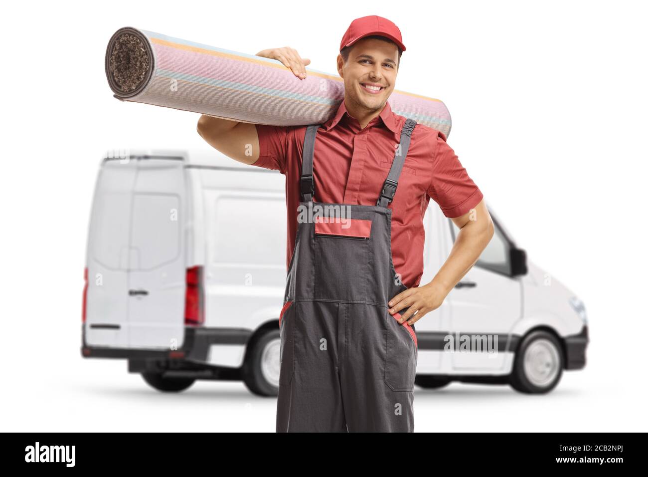 Worker from a carpet cleaning company with a van isolated on white